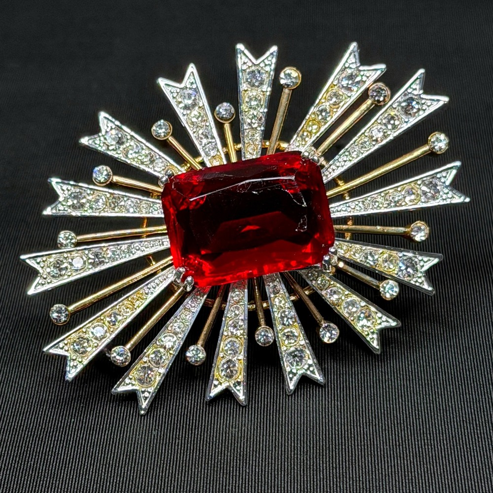 Kenneth Jay Lane Signed Shimmer Shiney Brooch Faceted Red Clear Stones KJL/AVON